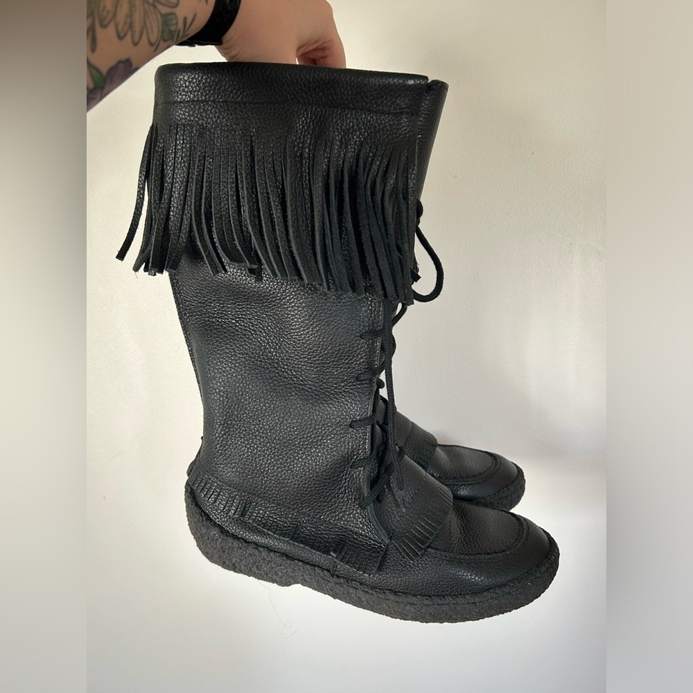 Made In Canada Black Leather Fringed Mukluks Fleece Lined Boots Lace-up 10 M - Picture 5 of 13